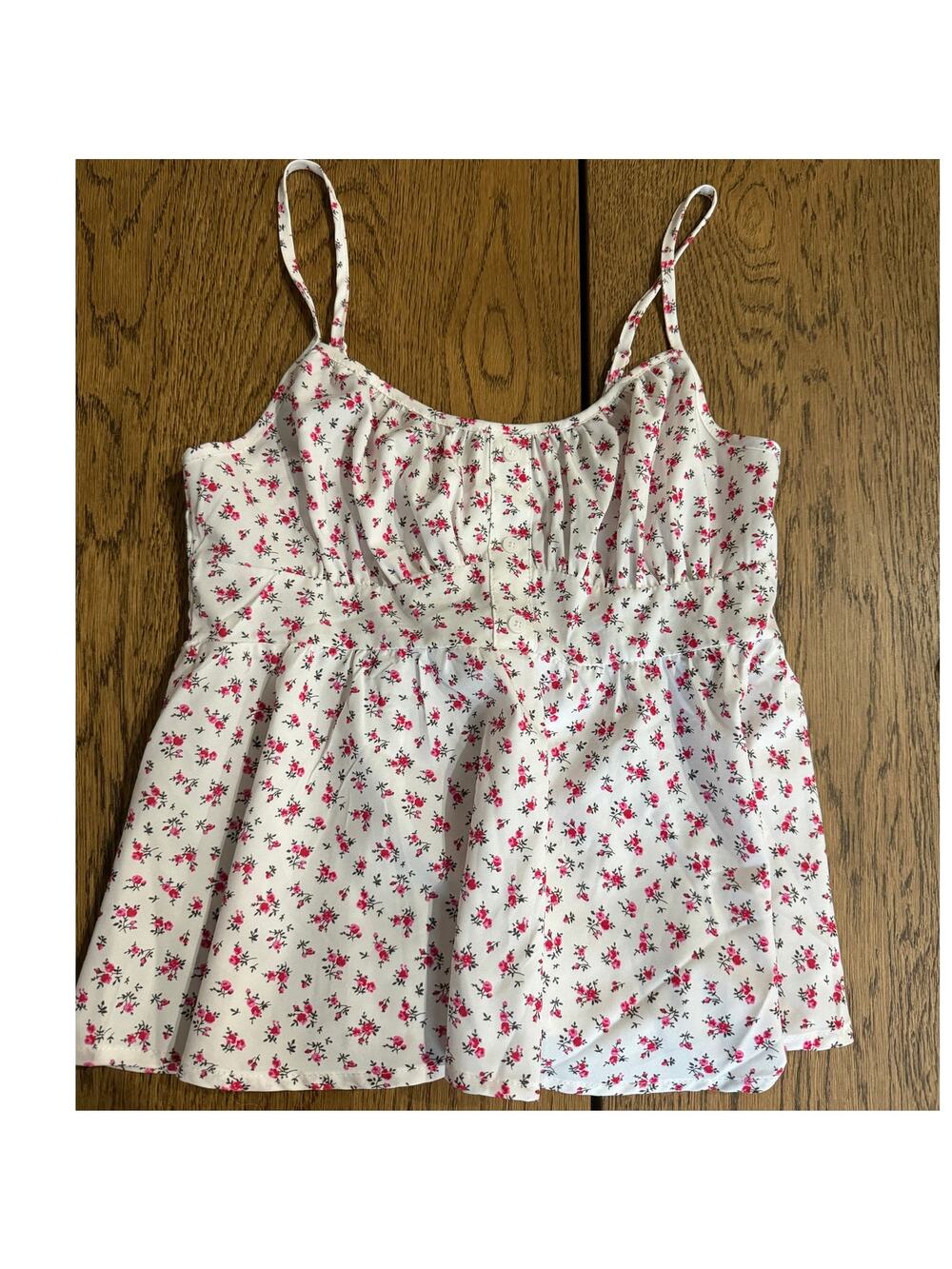 Pink Floral Tank Top Shirred Back Button Detail Bust